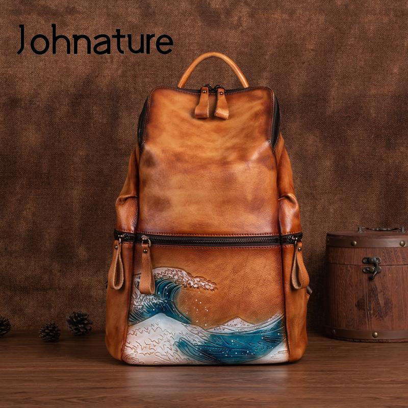 Leather Backpack Vintage - จอห์นาเจอร์กระเป๋าเป้สะพายหลังหนังแท้ผู้หญิงความจุขนาดใหญ่กระเป๋าเดินทางกลางแจ้ง 2026 ใหม่กระเป๋าเป้สะพายหลังหนังวัวธรรมชาติทำด้วยมือ